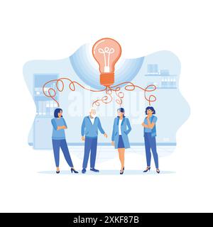 A senior male businessman and three office staff members are standing under a light bulb, exchanging ideas for achieving success. Team brainstorming. Stock Vector