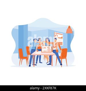 Businessmen and coworkers are standing and high-fiving at the meeting table. Celebrating success after finding a solution to a problem in the meeting Stock Vector