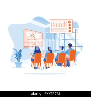 Four young businesspeople are sitting in a conference room. Learn SEO performance using LCD screens to improve company business. SEO concept. trend mo Stock Vector