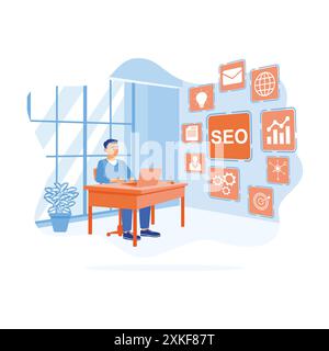 Businessman working in front of a laptop computer with SEO icons on the screen. Businessman analyzing marketing website traffic ranking. SEO concept. Stock Vector