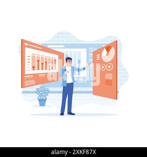 CEO entrepreneur using projector screen during meetings with investors and entrepreneurs. The projector screen displays graphs, data, and product sale Stock Vector