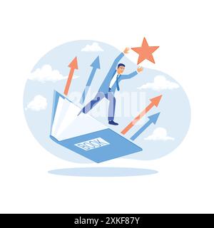 Entrepreneurs emerge from an open book. Excited male businessman reaching for the stars in the sky. Career Development Concept. Trend Modern vector fl Stock Vector