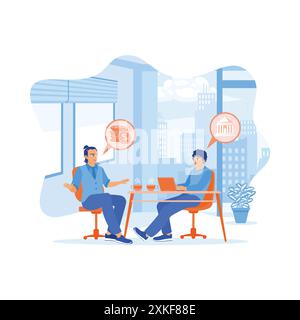 Young businessman and banker sitting on chairs drinking tea together. They discuss the company's financial problems in the office. Discuss Information Stock Vector