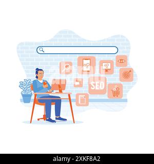 Young businessmen use computer laptops and smartphones to create digital marketing strategies. SEO and online search engine icons on a computer screen Stock Vector