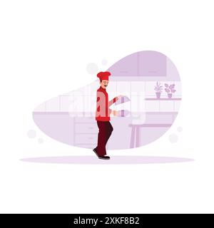A male chef wearing a cloche cover cooks in the kitchen. Serving delicious food. Various occupations people concept. Trend Modern vector flat illustra Stock Vector