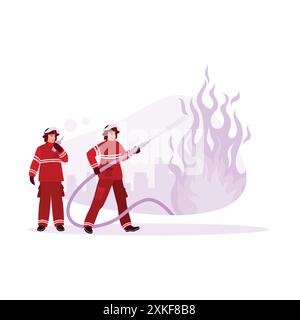 Firefighters in full uniform extinguish the fire using flames and large hoses. Extinguishing fire outdoors with multi-story buildings in the backgroun Stock Vector