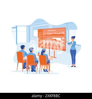Female chief analyst leading a meeting with colleagues in the office. He stood next to the projector board, analyzing graphs, data, and statistics. Gr Stock Vector