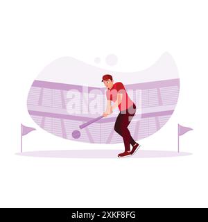 Professional baseball players in action in a large arena. Baseball player hitting the ball with a bat close up. Sports athlete concept. Trend Modern v Stock Vector