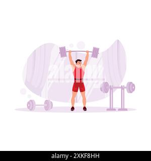 Strong and active weightlifter training in the modern sports hall. He lifted a heavy barbell with both hands above his head. Sports athlete concept. T Stock Vector