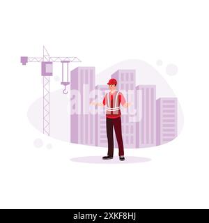 Architect engineer standing at building construction site wearing safety helmet. Male architect engineer working on building construction project. Var Stock Vector