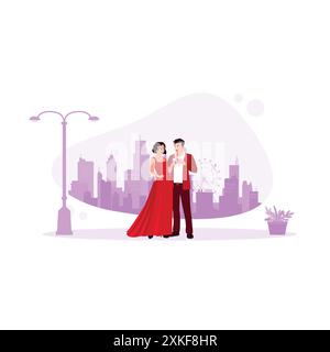 Graceful and elegant young couple holding wine glasses in their hands. Standing against the backdrop of urban views. Relationship concept. Trend Moder Stock Vector
