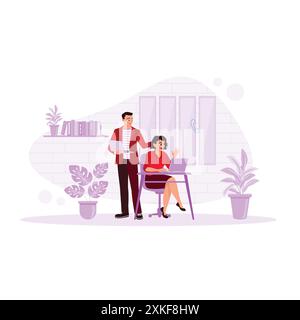 Happy coworkers using laptop computers while working. They work together on business projects in the office. Relationship concept. Trend Modern vector Stock Vector