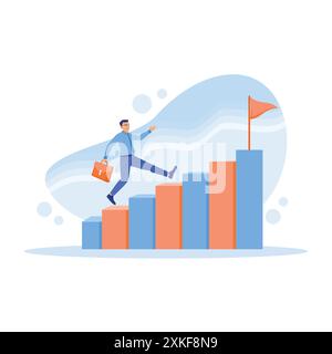 A businessman carrying a briefcase walks upstairs chart. A flag is at the top of the graph. Career Development Concept. Trend Modern vector flat illus Stock Vector