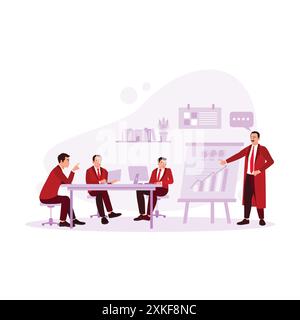 Businessman making project presentation on a flip chart. Businessman giving briefing during a meeting with colleagues in office. Office concept. Trend Stock Vector