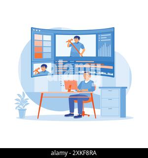 Male video editor using headphones editing a video recording of a singer on a computer screen. Video editor working in a relaxed office. Video Editor Stock Vector