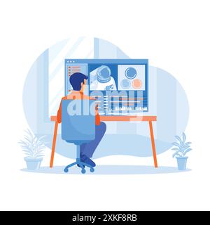 Male video editor sitting in front of a computer at home. Editing astronaut videos using software on a computer. Video Editor concept. Trend Modern ve Stock Vector