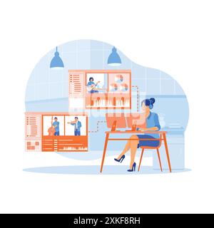 Woman using headphones working in front of computer. Editing recording of a musician using modern devices in the home kitchen at night. Video Editor c Stock Vector