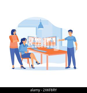 Colleagues are discussing this with the female editor in the office. Working together on a film recording project at a creative start-up agency office Stock Vector