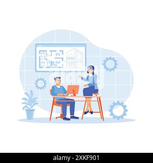 Two creative office employees work using computers. Creating an interior design on the computer and digital tablet in the modern office of an architec Stock Vector