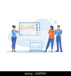 Female operations manager having a meeting with colleagues in the office. Using a laptop to analyze growth, graphs, statistics and data. Growth Analys Stock Vector