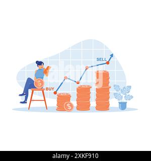 A young woman sits on a chair, holding coins and a mobile phone. Analyze stock market growth using a mobile phone. Growth Analysis Concept. Trend Mode Stock Vector