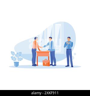 Happy business partners shaking hands on the table. Make a mutual agreement after successful negotiations. Employee Making concept. Trend Modern vecto Stock Vector