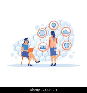 Female IT specialist using the laptop to discuss work with female server technician in data center room. Server rack cabinet with cloud server icons a Stock Vector