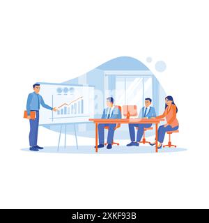 The businessman CEO is holding a presentation with coworkers in the meeting room. Analyze product sales graphic data on the flip chart board. Growth A Stock Vector