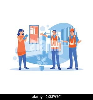 A woman asks for help from engineers and architects to renovate the house's interior. Woman shows room design using augmented reality on digital table Stock Vector