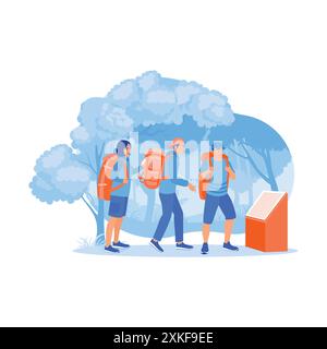 A group of people with backpacks on their backs trekking in the forest. Using a smartphone and doing adventure activities in the forest. Tourist Guide Stock Vector