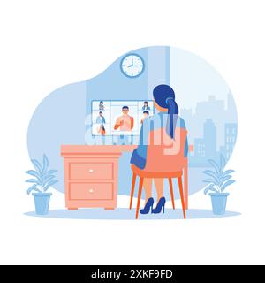 A young woman is making a video call with a colleague. Talking with colleagues in webcam group video call conference technology on a computer screen. Stock Vector