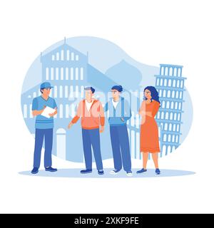 Diverse tourists on vacation in Pisa, Italy. Listen to a guide talking about a famous monument. Tourist Guide concept. trend modern vector flat illust Stock Vector