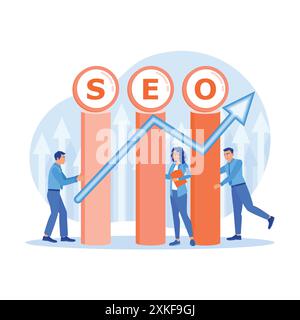SEO Search Engine Optimization. Entrepreneurs optimize websites to promote ranking traffic on the website. SEO concept. trend modern vector flat illus Stock Vector