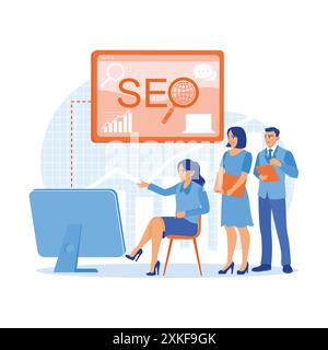 Marketing team meeting together in the office room. Optimizing SEO search engines for modern e-commerce and online retail businesses via computer. SEO Stock Vector