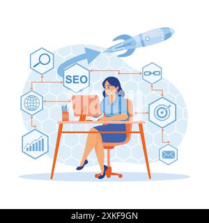 Businesswoman working in a modern corporate office. Optimizing SEO Search Engine Optimization with a laptop computer, ranking traffic on the website. Stock Vector