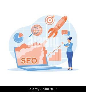 Startup project, thriving business, with SEO rocket hologram on the laptop screen. A businesswoman is starting a new business and marketing products o Stock Vector