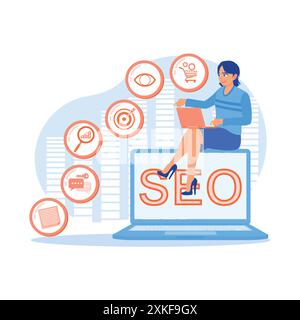 The businesswoman is working using a laptop with an online search engine icon. Digital marketing strategy to promote traffic to websites. SEO concept. Stock Vector