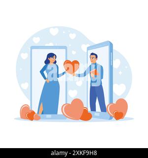 A happy young couple celebrating Valentine's Day online. Portrait of a young couple holding a heart symbol on the smartphone screen. Virtual Relations Stock Vector