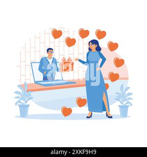 A young couple in love goes on a virtual date. The man with glasses shows the gift he will give to his partner. virtual Relationships concept. Trend M Stock Vector