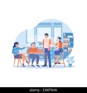 Diverse and happy colleagues using laptops during meetings in the office. They gathered in an office room to discuss financial statistics together. Br Stock Vector