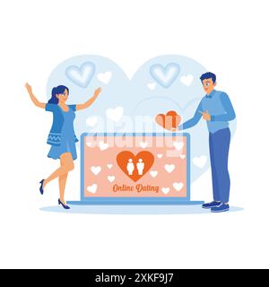 Young couple visiting online dating site on laptop screen. Young man giving heart symbol to his partner. Online Dating concept. Trend Modern vector fl Stock Vector