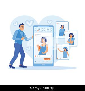 Handsome man visits online dating site via smartphone. Man chatting with a female friend on smartphone screen. Online Dating concept. Trend Modern vec Stock Vector