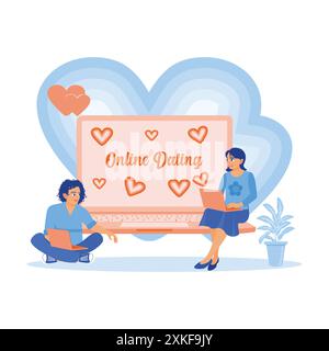 Young man and woman sitting with laptops. Visiting online sites and sending love messages to their partner. Online Dating concept. Trend Modern vector Stock Vector