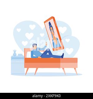 Man lying in bed using a mobile phone to visit online sites. Man talking to a female friend who is on mobile phone screen. Online Dating concept. Tren Stock Vector