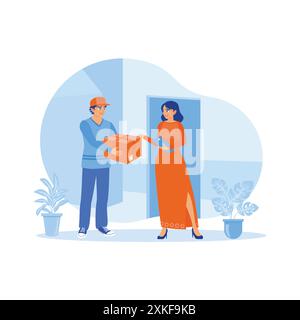 The courier delivers the order box to the customer's address. A woman receives an order box from a delivery person at home. order Confirmation concept Stock Vector