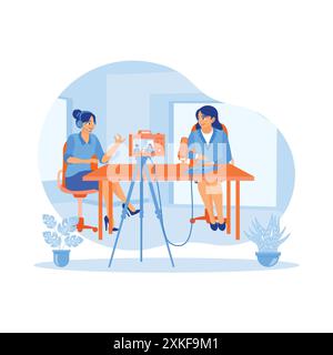 Content creator interviews female vloggers in a home studio. Record vlogs using a digital camera and broadcast live on social media. Content Creator c Stock Vector