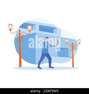 A young man walks on city streets. The vlogger is talking into a phone camera on a selfie stick for his lifestyle vlog. Content Creator concept. Trend Stock Vector
