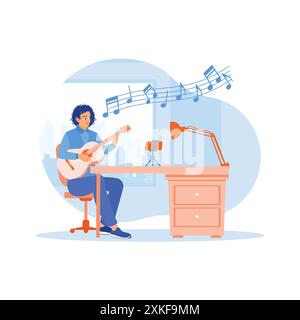 Young man singing while playing guitar at home. Vloggers record videos using cell phones mounted on tripods. Content Creator concept. Trend Modern vec Stock Vector