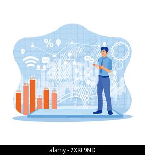 Man using a digital tablet with a digital business interface. Business innovation and digital marketing network. Concept of hi tech and communication. Stock Vector