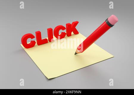 Luxury red inscription click on grey podium, soft light, front view smooth background, simple 3d rendering Stock Photo